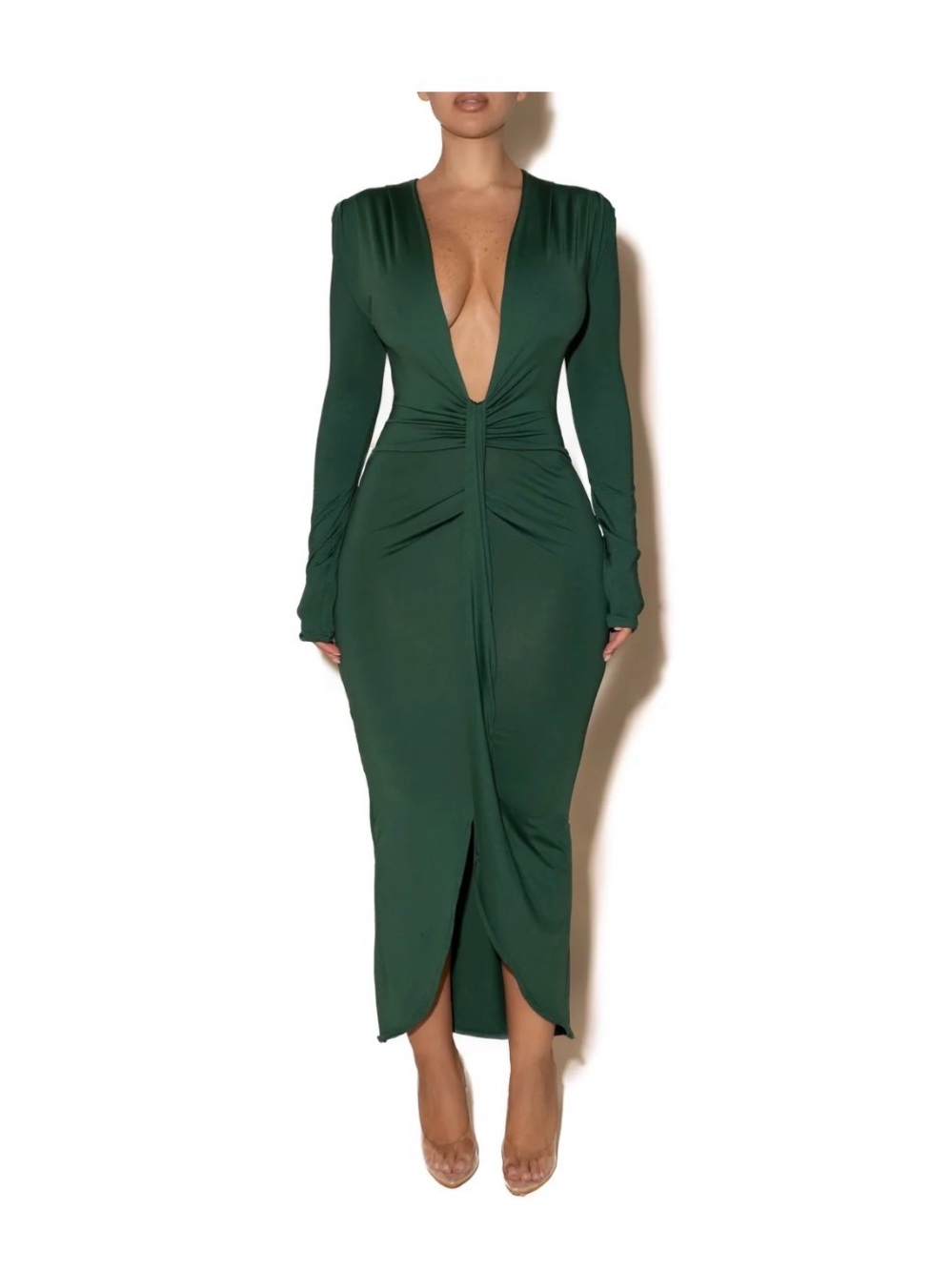 Deep Green Plunge Midi Dress with Long Sleeves